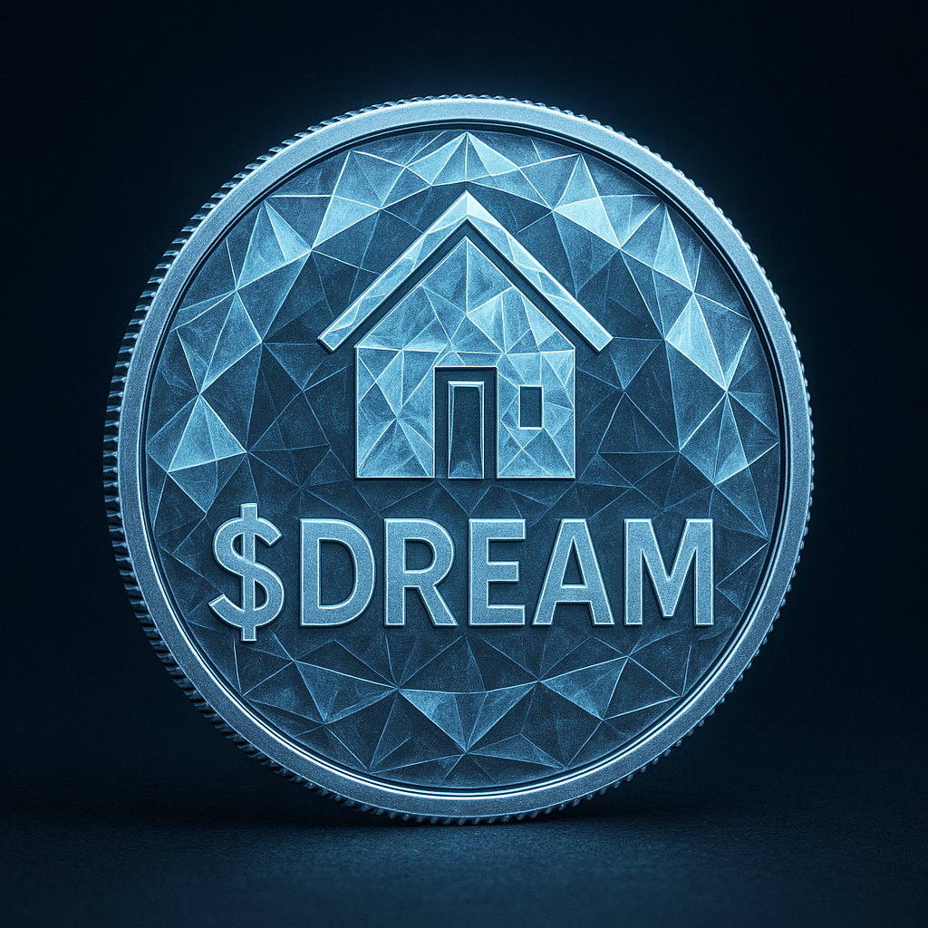 $DREAM coin logo — diamond texture with house icon